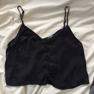 Black satin button-up crop tank